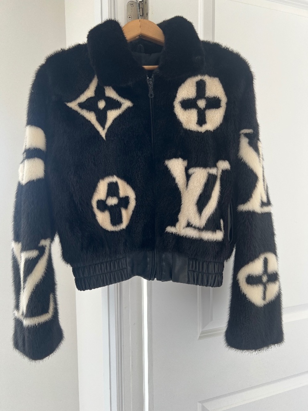 Louis Vuitton Black & White Monogram Fur Bomber Jacket